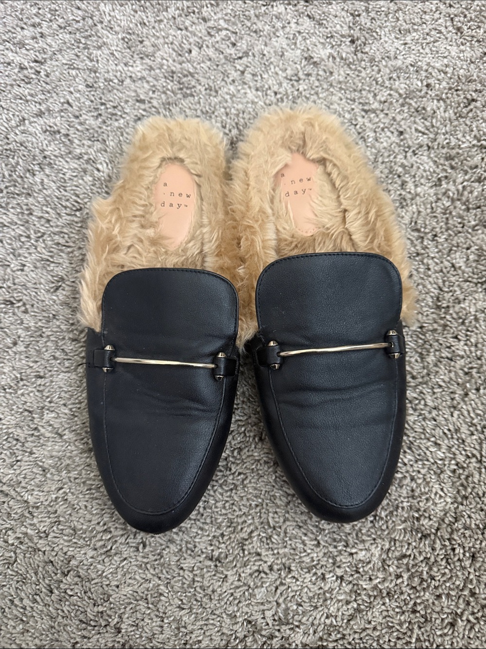 a new day Black Faux Leather Slip-On Loafers with Tan Faux-Fur Lining